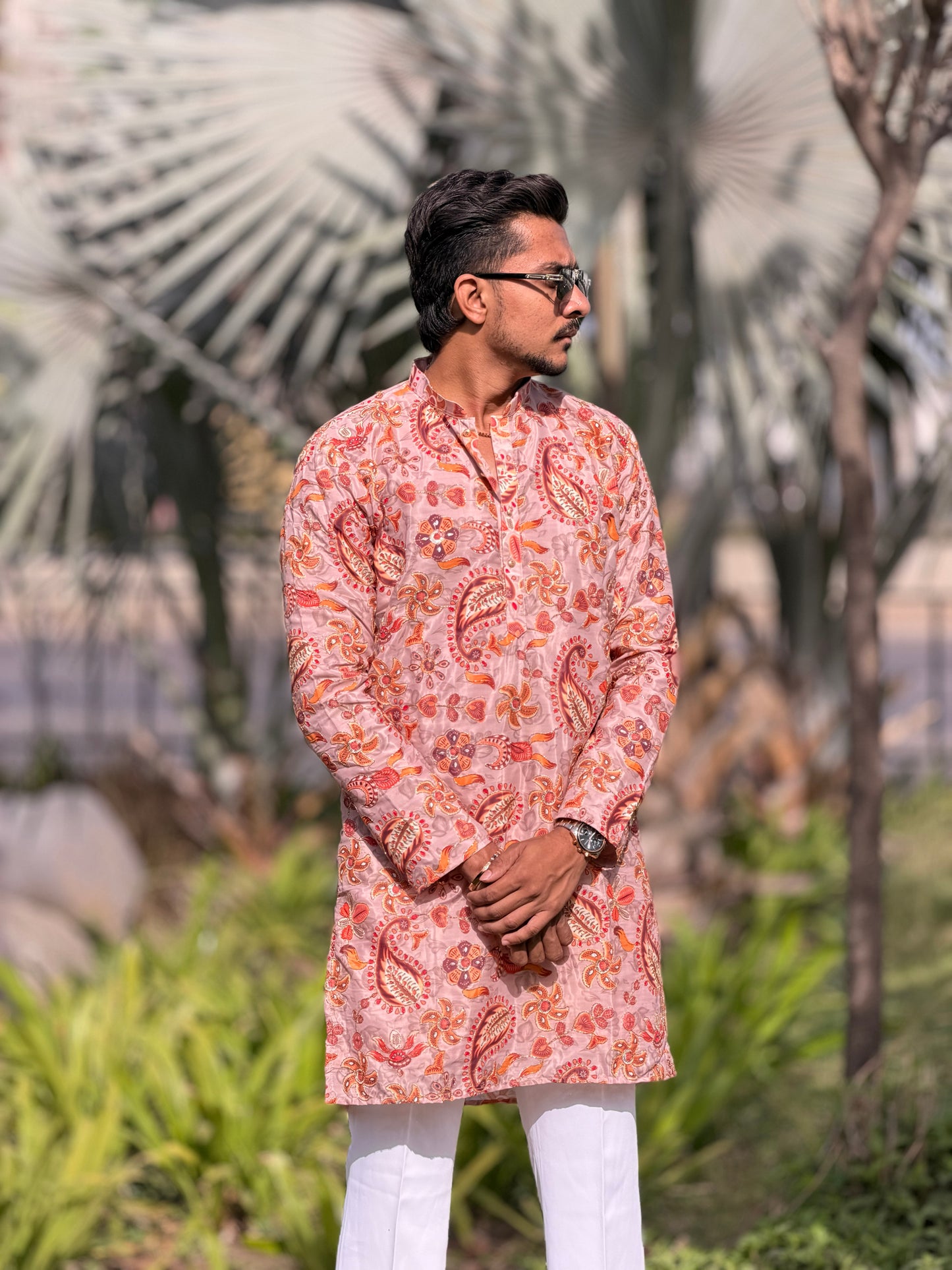 Peach Paisley Printed Premium Kurta for Men