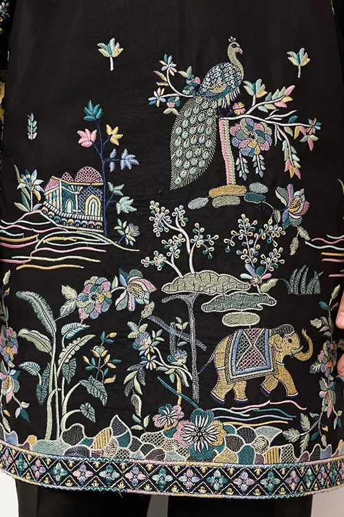 Midnight Heritage Black Embroidered Kurta with Peacock & Elephant Motifs