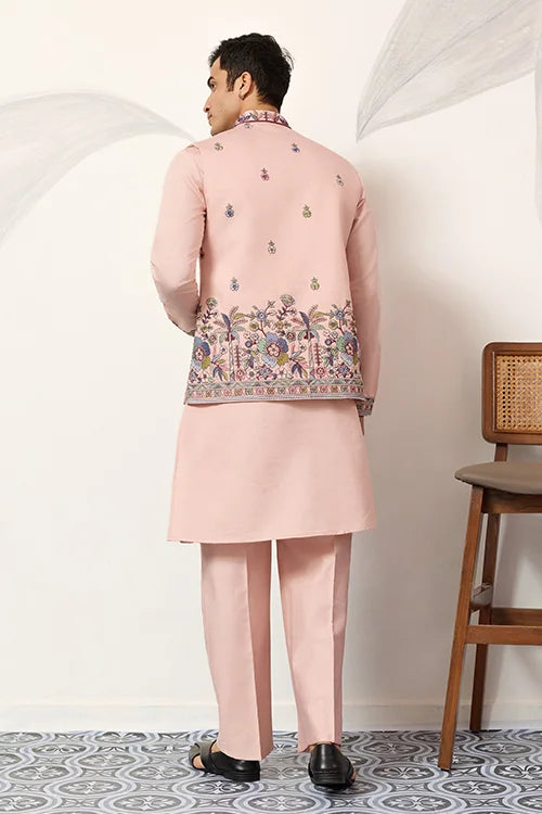 Men’s Pastel Blue Embroidered Kurta Set with Floral Detailing