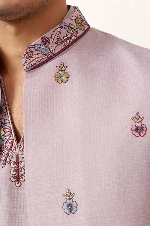 Men’s Pastel Lavender Embroidered Kurta Set with Designer Jacket