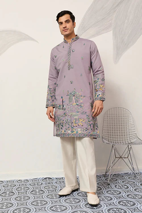 Lavender Embroidered Kurta with Peacock & Elephant Motif