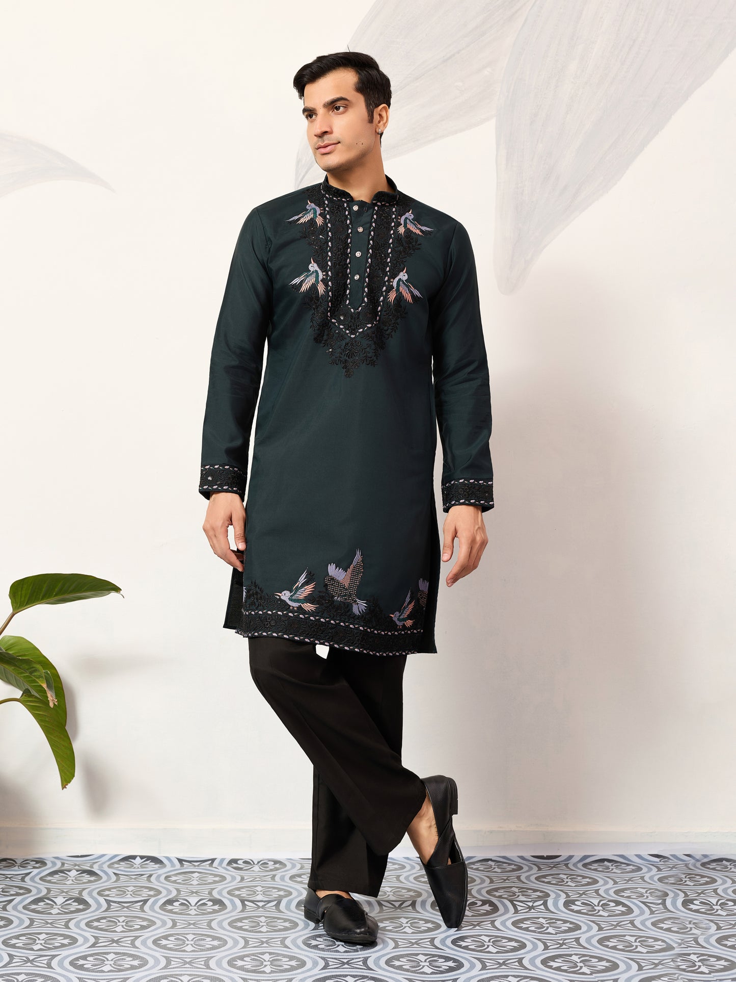 Navy Royale Aviary Embroidered Kurta with Dupatta