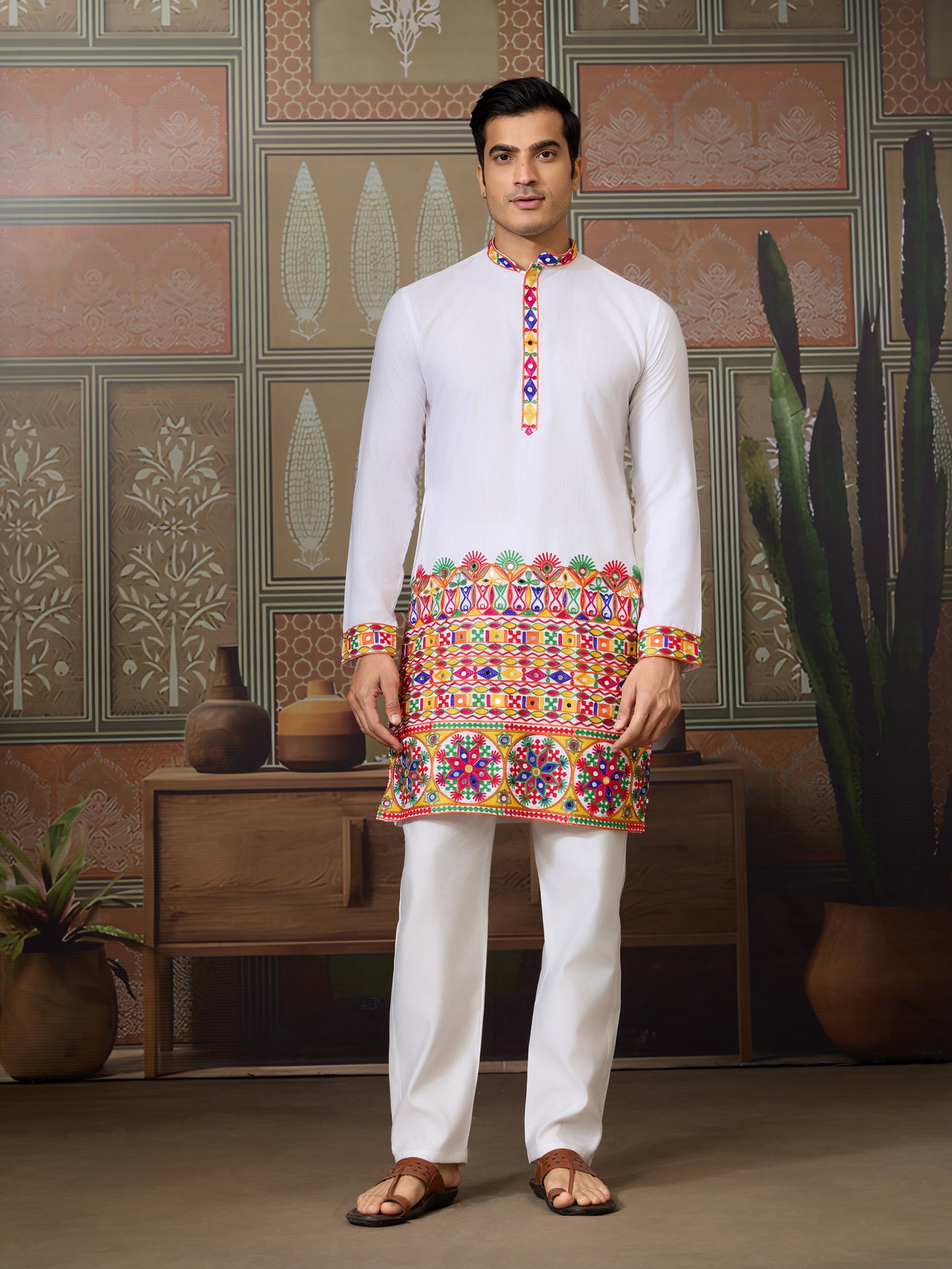 White Embroidered Gujarati Mirror Work Kurta for Men