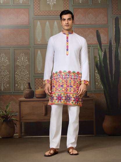 White Embroidered Gujarati Mirror Work Kurta for Men