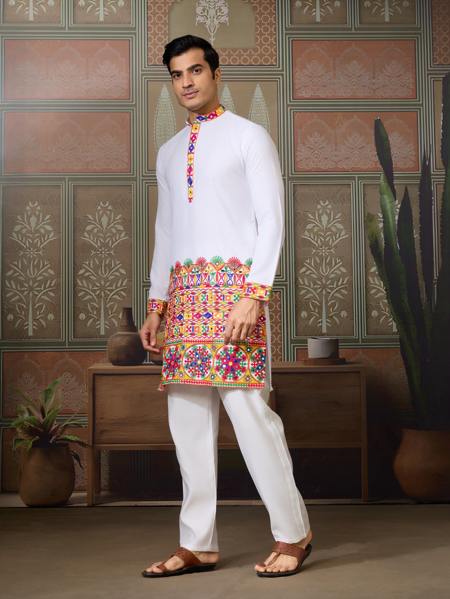 White Embroidered Gujarati Mirror Work Kurta for Men