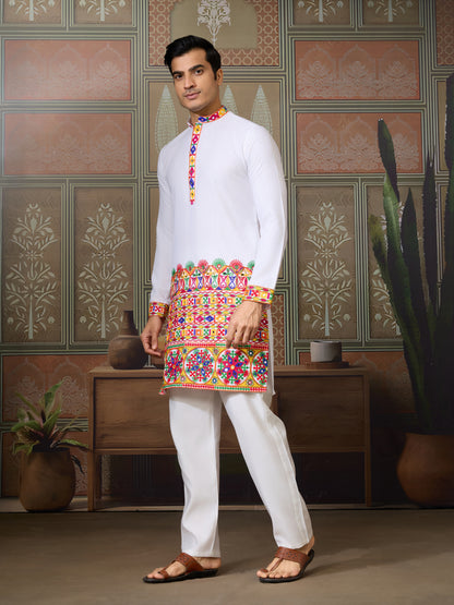 White Embroidered Gujarati Mirror Work Kurta for Men