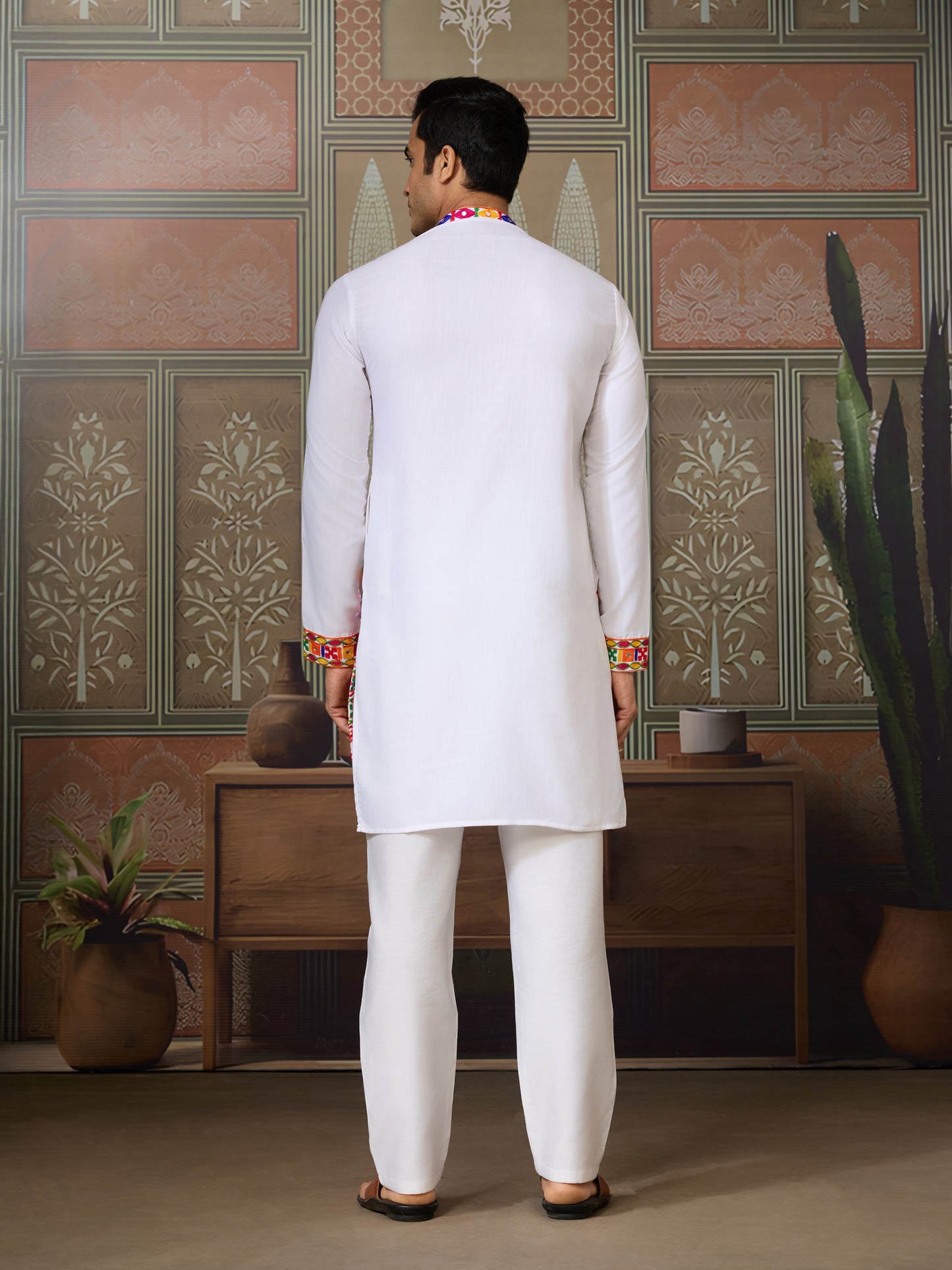 White Embroidered Gujarati Mirror Work Kurta for Men