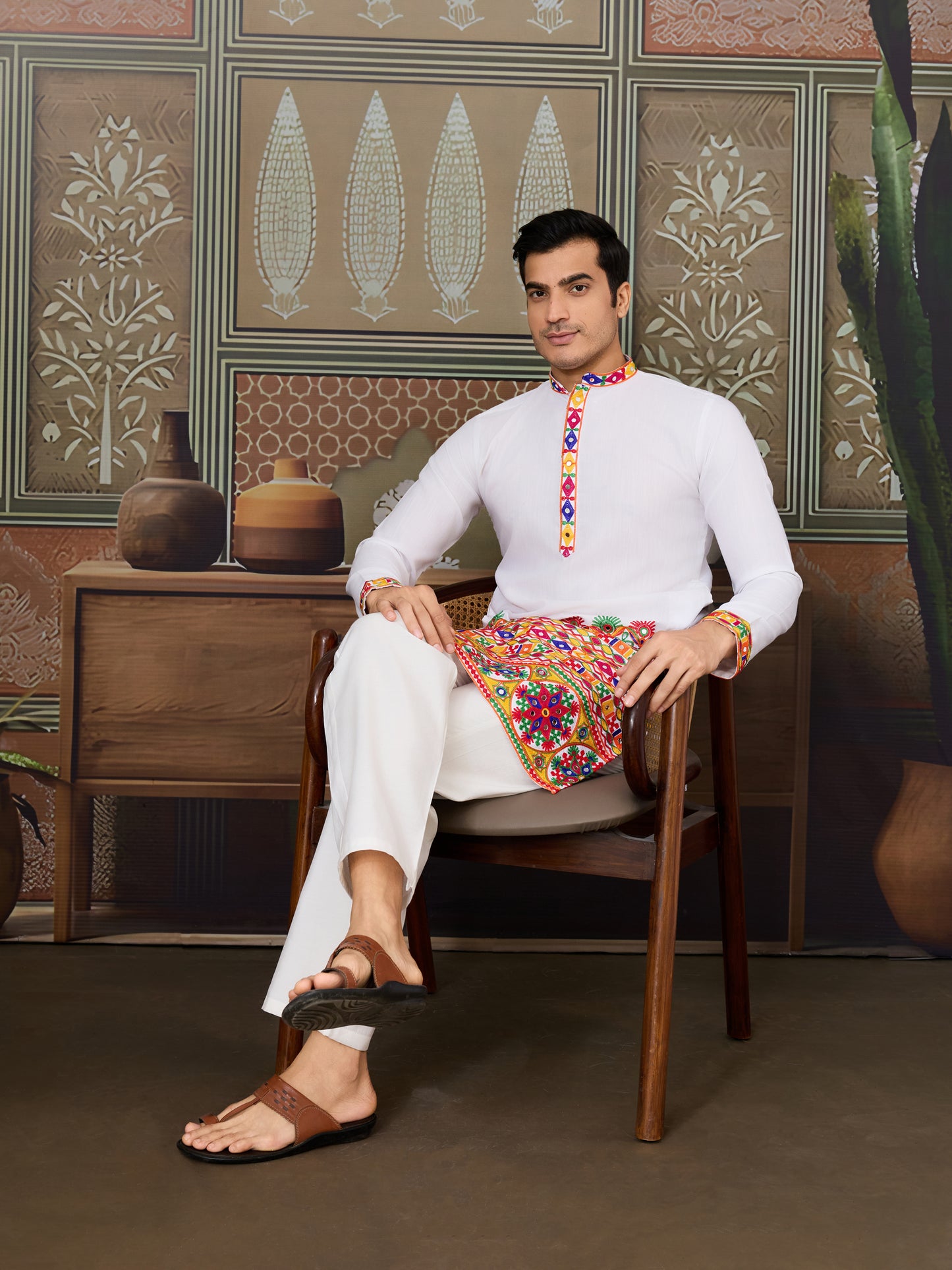 White Embroidered Gujarati Mirror Work Kurta for Men