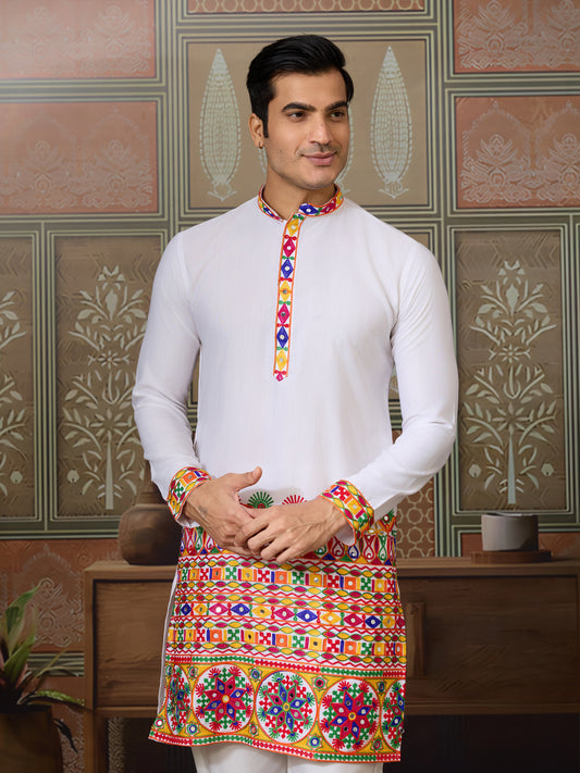 White Embroidered Gujarati Mirror Work Kurta for Men