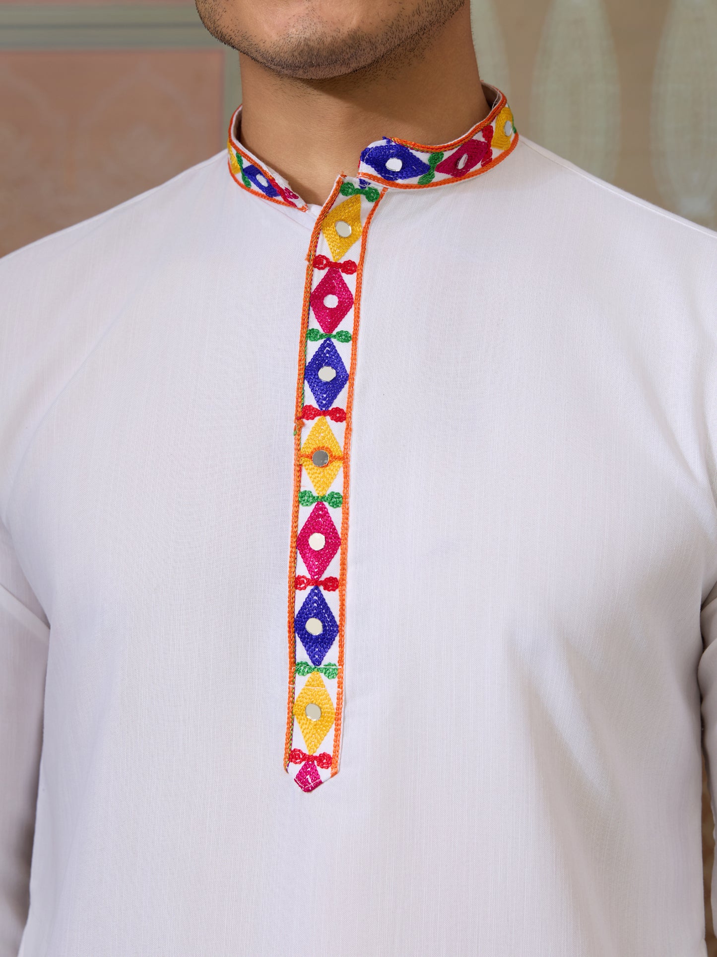 White Embroidered Gujarati Mirror Work Kurta for Men
