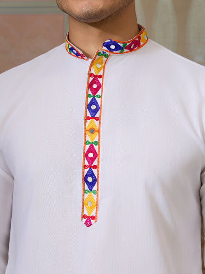 White Embroidered Gujarati Mirror Work Kurta for Men