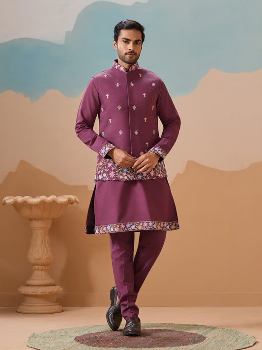 "The Royal Bloom – Plum Kurta Set for the Modern Maharaja"