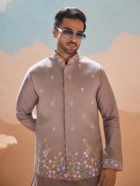 Elegant Taupe Floral Embroidered Kurta Set for Men