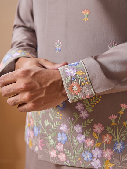 Elegant Taupe Floral Embroidered Kurta Set for Men