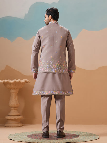 Elegant Taupe Floral Embroidered Kurta Set for Men