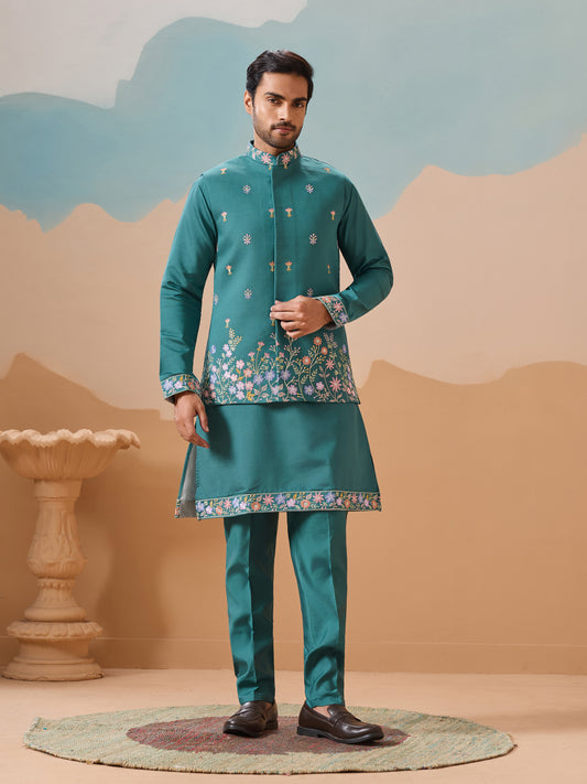 "Teal Bloom - Embroidered Elegance Kurta Set"