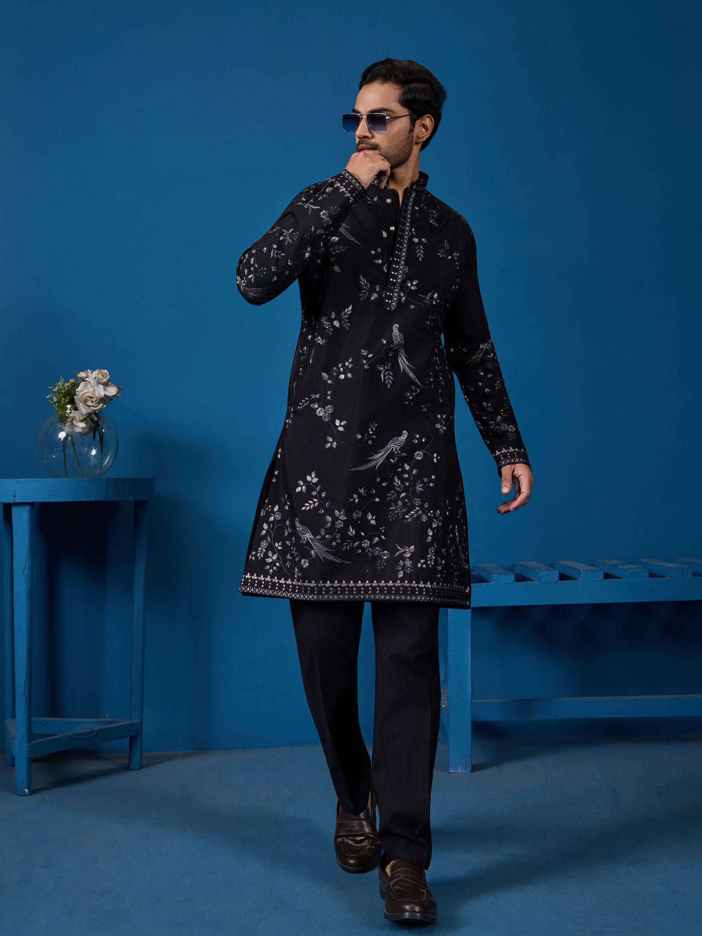 Midnight Noir Embroidered Men’s Kurta – Royal Festive Elegance