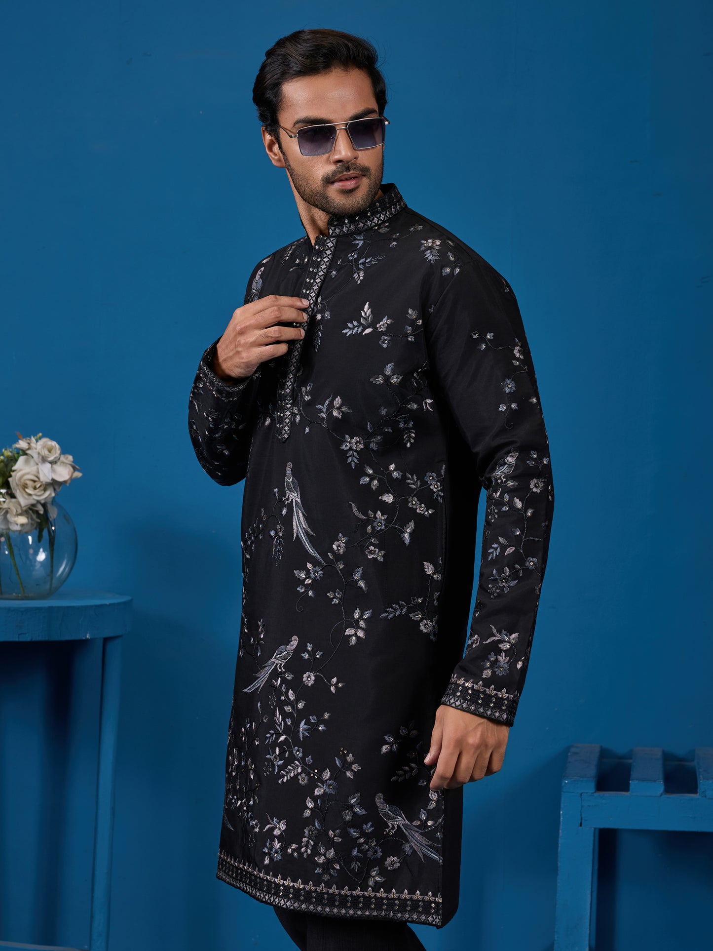 Midnight Noir Embroidered Men’s Kurta – Royal Festive Elegance
