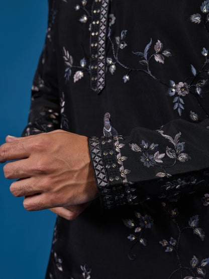 Midnight Noir Embroidered Men’s Kurta – Royal Festive Elegance