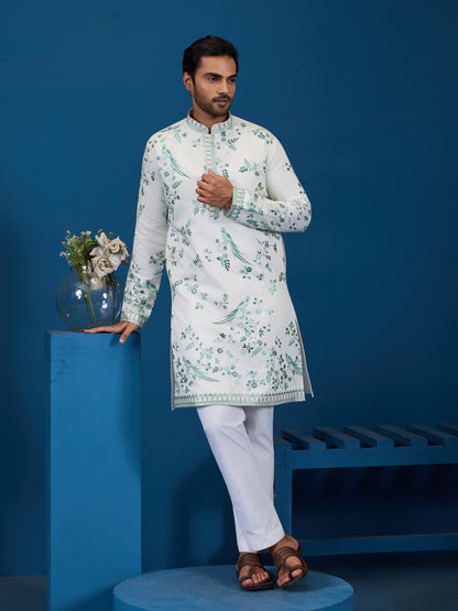 Ivory Aqua Bloom Embroidered Men’s Kurta – Elegant Festive Perfection