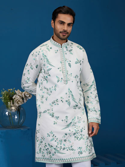 Ivory Aqua Bloom Embroidered Men’s Kurta – Elegant Festive Perfection
