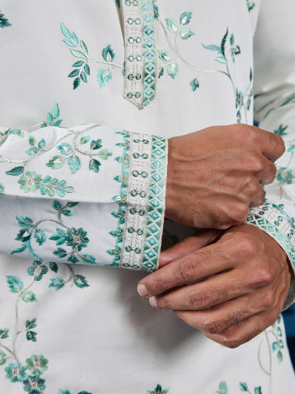 Ivory Aqua Bloom Embroidered Men’s Kurta – Elegant Festive Perfection
