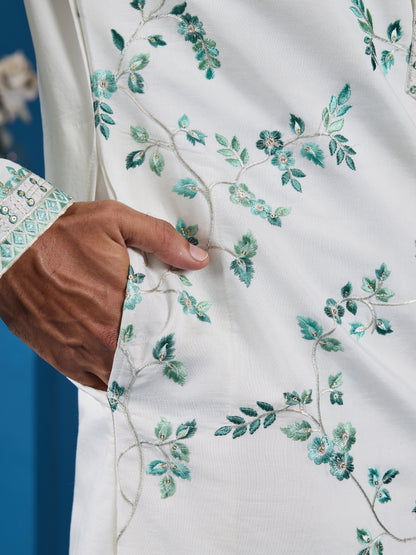 Ivory Aqua Bloom Embroidered Men’s Kurta – Elegant Festive Perfection