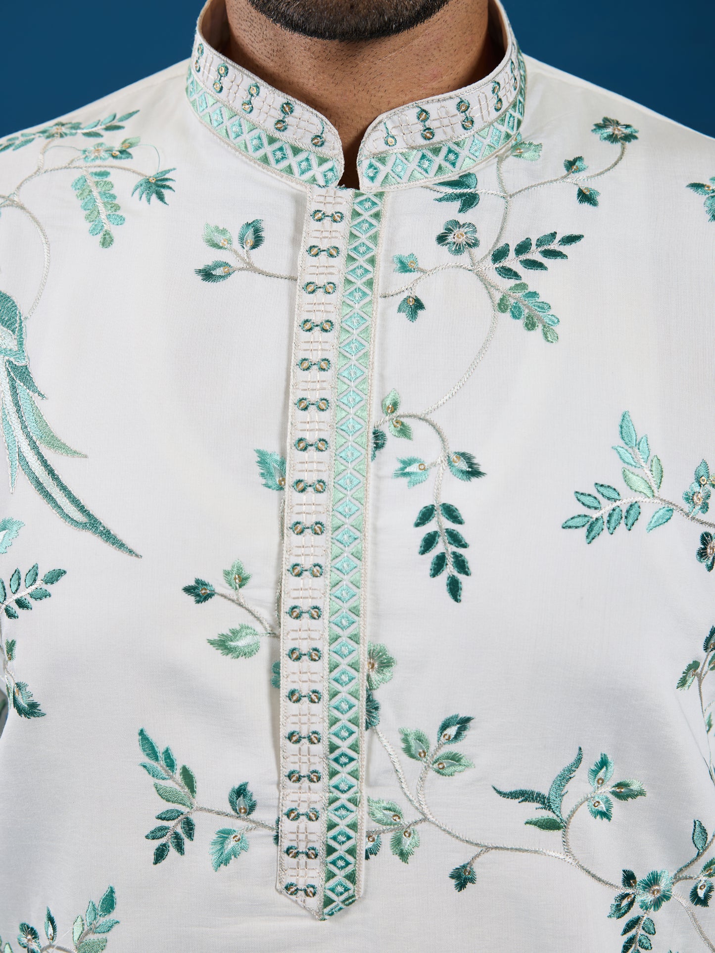Ivory Aqua Bloom Embroidered Men’s Kurta – Elegant Festive Perfection