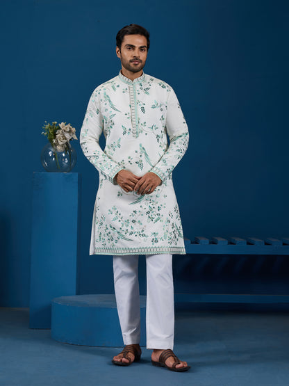 Ivory Aqua Bloom Embroidered Men’s Kurta – Elegant Festive Perfection