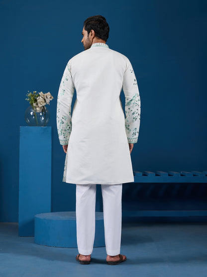 Ivory Aqua Bloom Embroidered Men’s Kurta – Elegant Festive Perfection