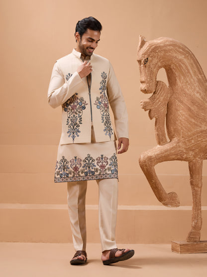 Beige Embroidered Kurta Set with Elegant Floral Detailing