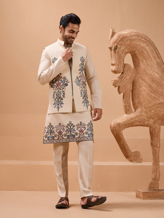 Beige Embroidered Kurta Set with Elegant Floral Detailing