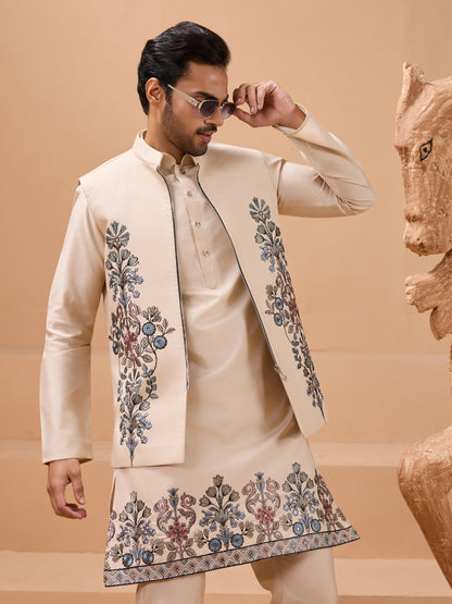 Beige Embroidered Kurta Set with Elegant Floral Detailing