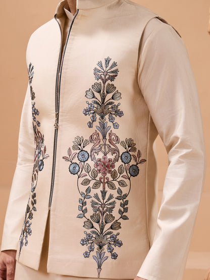 Beige Embroidered Kurta Set with Elegant Floral Detailing