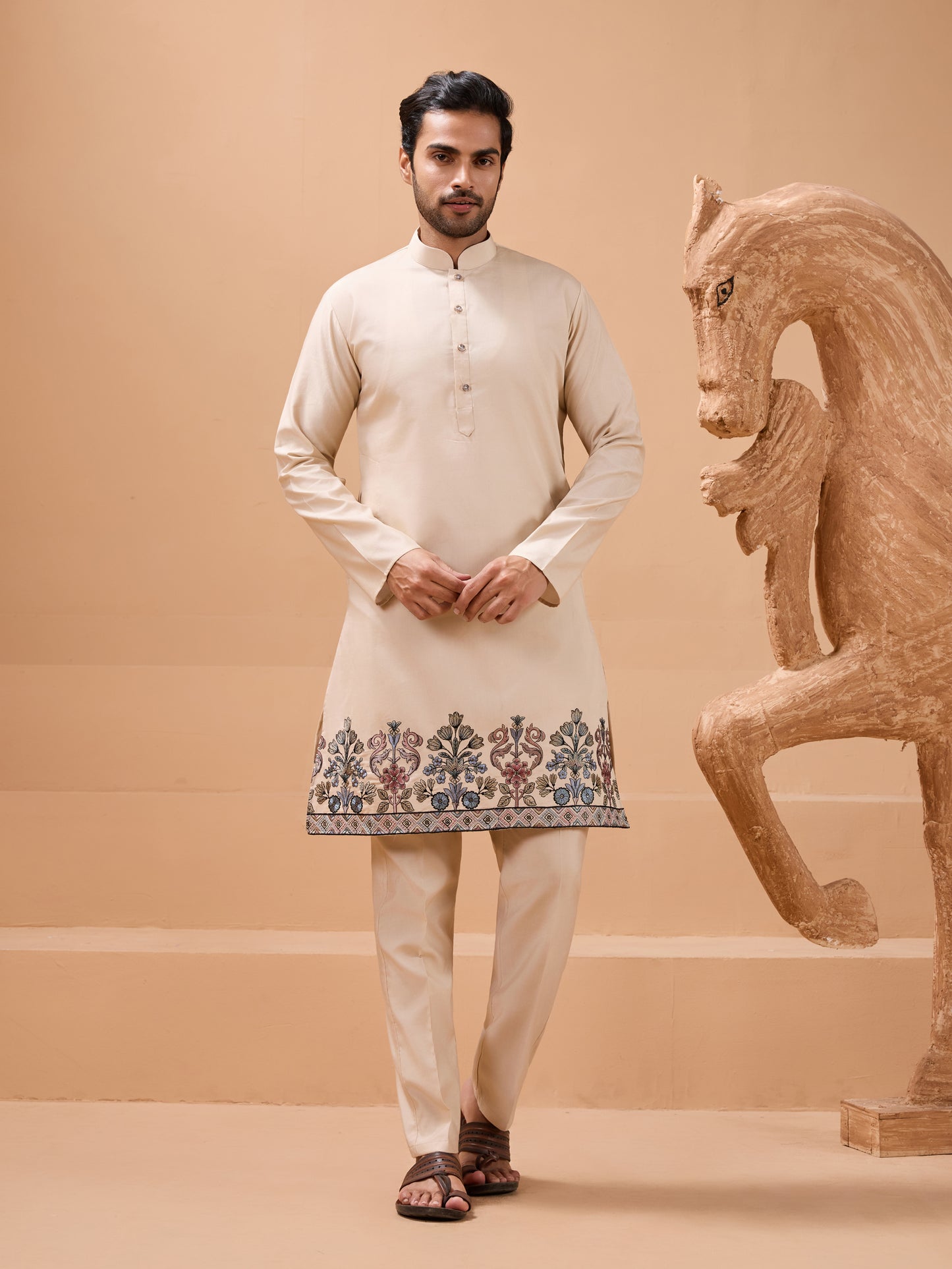 Beige Embroidered Kurta Set with Elegant Floral Detailing