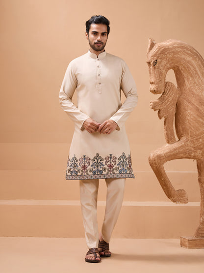 Beige Embroidered Kurta Set with Elegant Floral Detailing