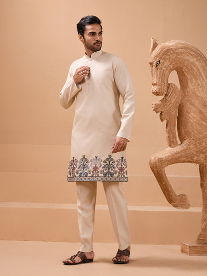 Beige Embroidered Kurta Set with Elegant Floral Detailing