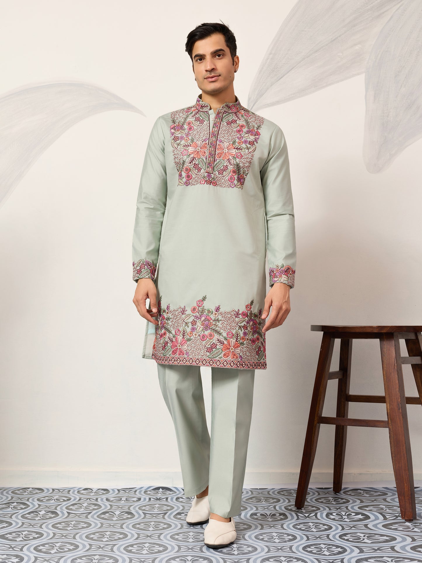 Pista Bloom Heritage Embroidered Kurta Set