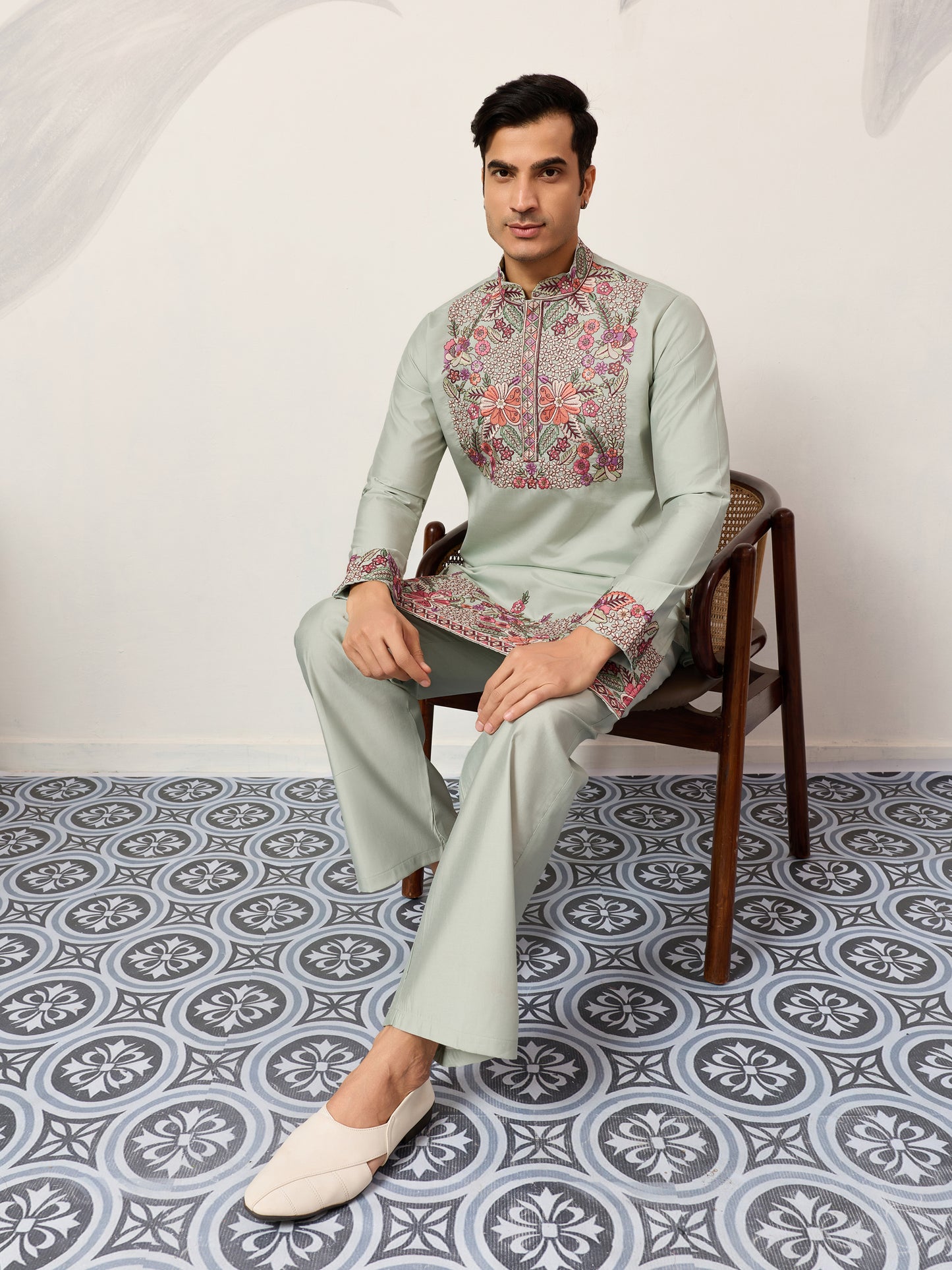 Pista Bloom Heritage Embroidered Kurta Set