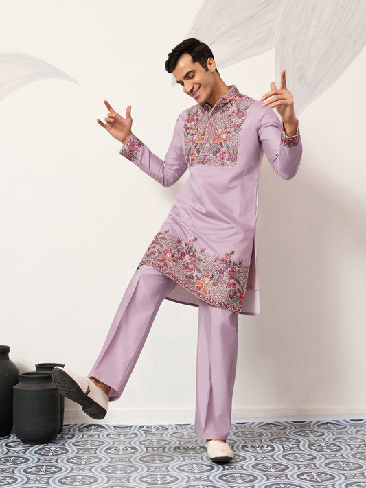 Lavender Heritage Embroidered Kurta Set