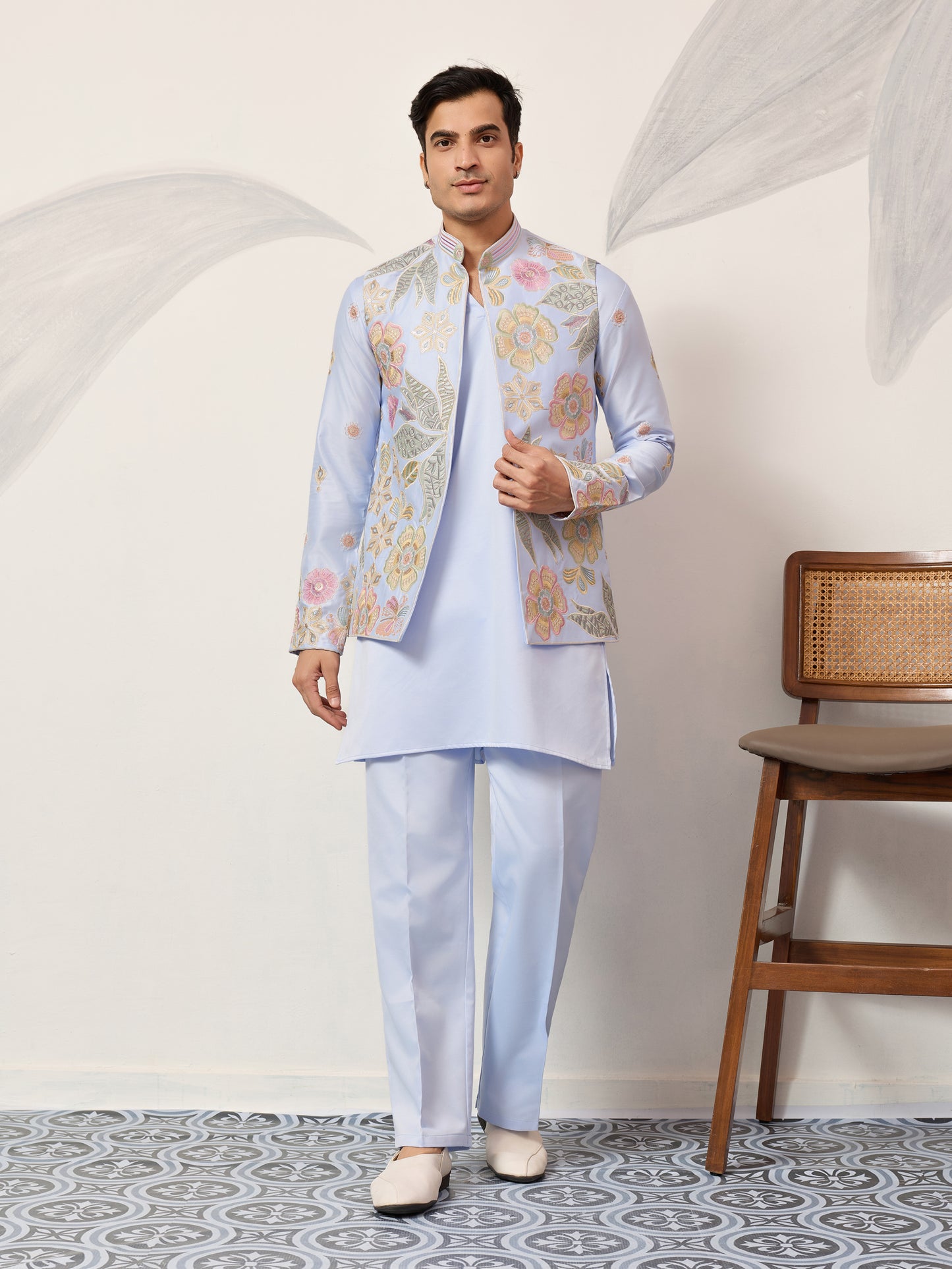 Celestia Sky Luxury Embroidered Koti Kurta Set