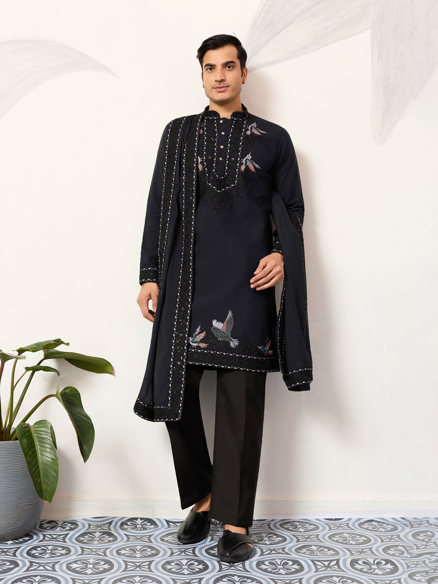 Navy Royale Aviary Embroidered Kurta with Dupatta