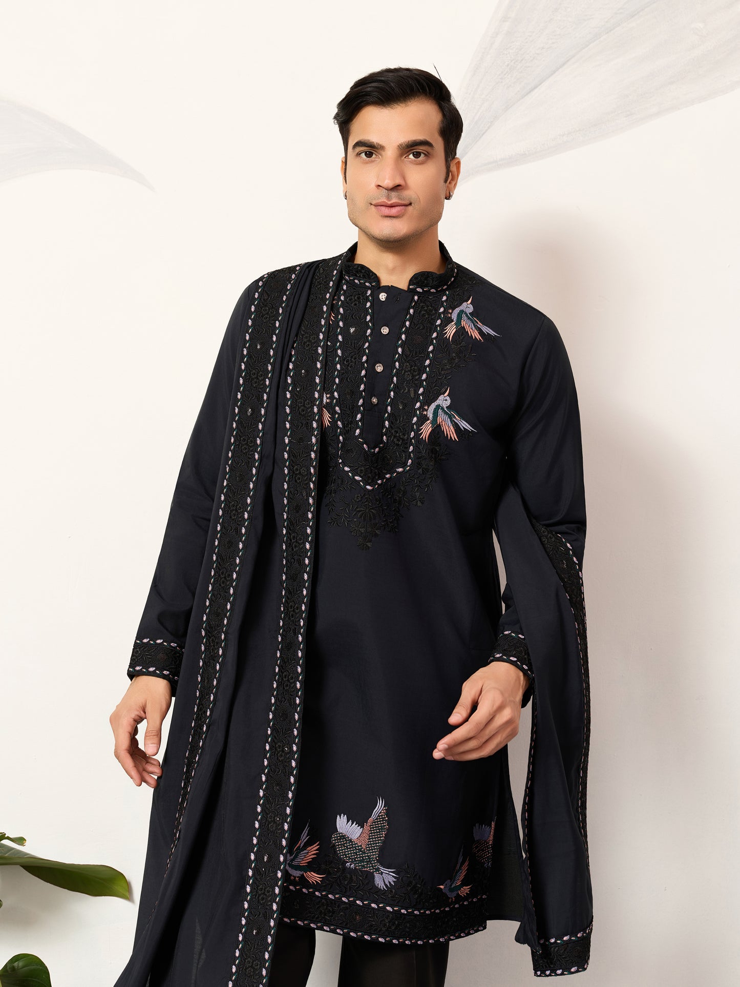 Navy Royale Aviary Embroidered Kurta with Dupatta