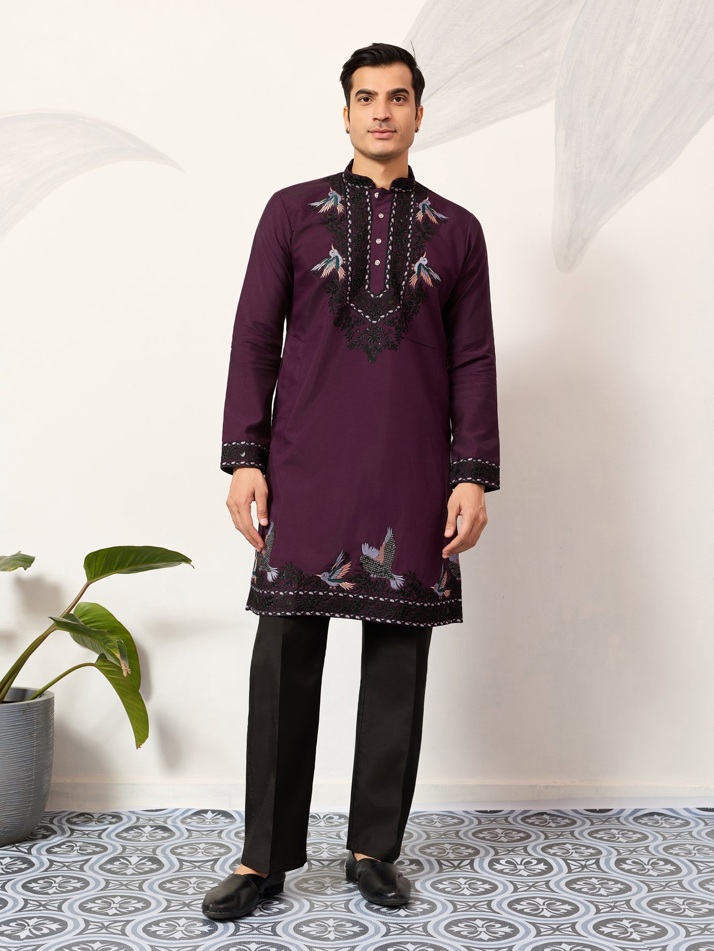 Royal Plum Aviary Embroidered Kurta with Dupatta
