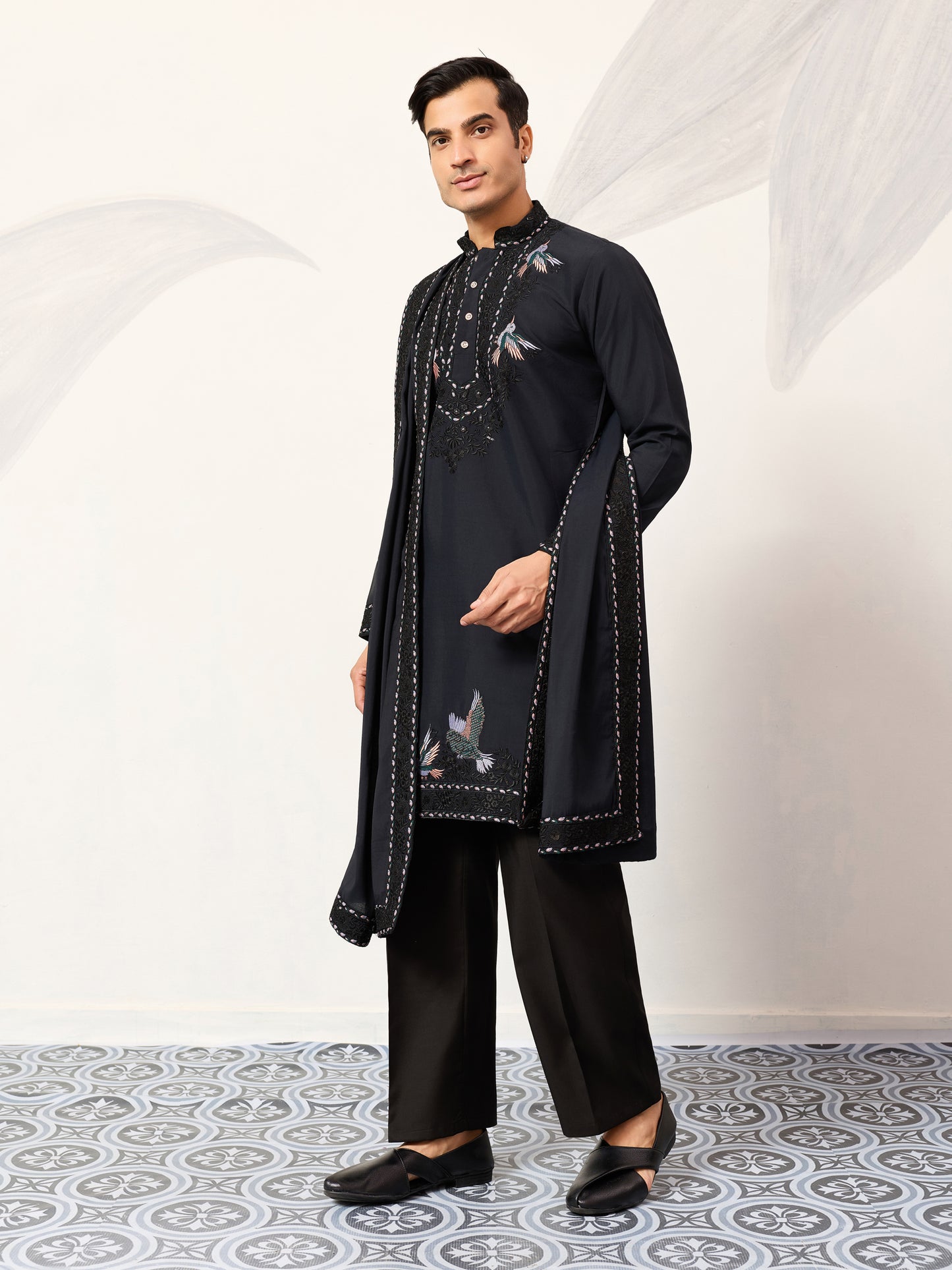 Navy Royale Aviary Embroidered Kurta with Dupatta