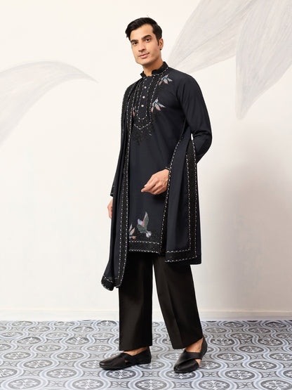 Navy Royale Aviary Embroidered Kurta with Dupatta