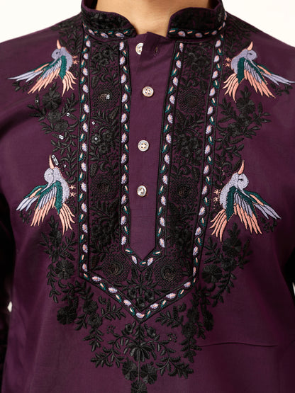 Royal Plum Aviary Embroidered Kurta with Dupatta