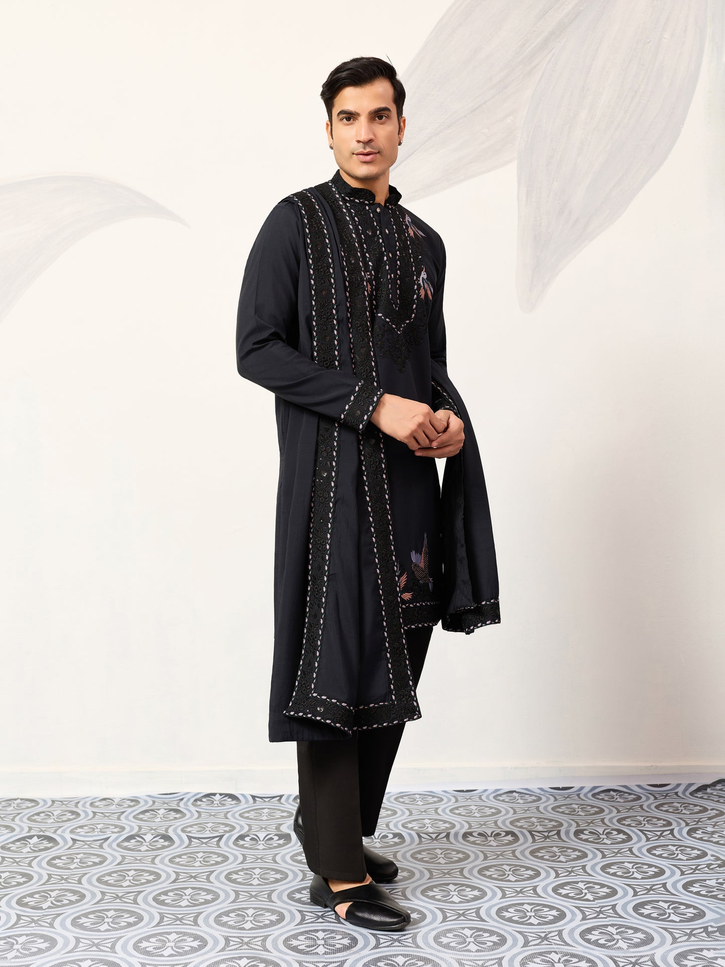 Navy Royale Aviary Embroidered Kurta with Dupatta