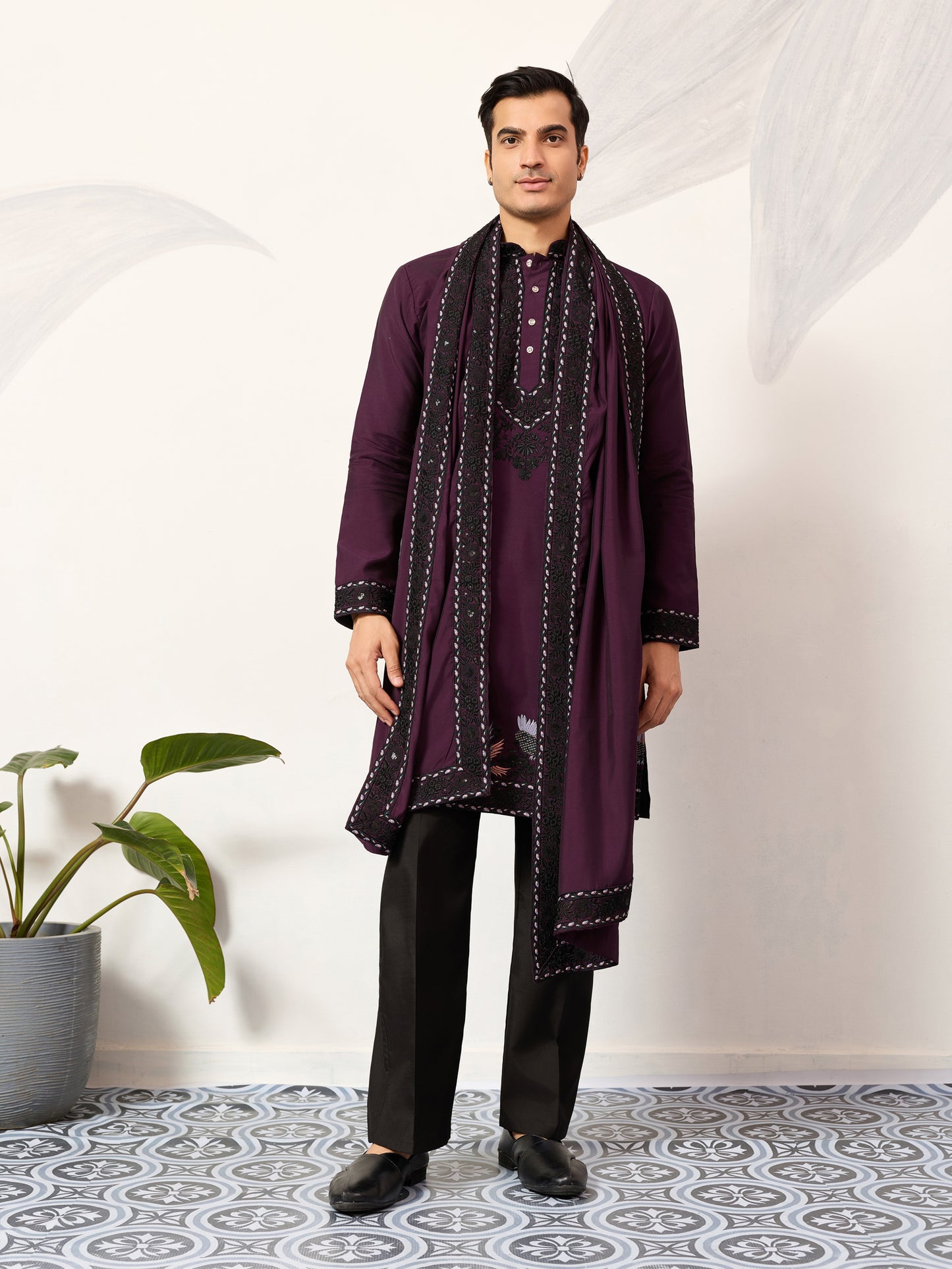 Royal Plum Aviary Embroidered Kurta with Dupatta