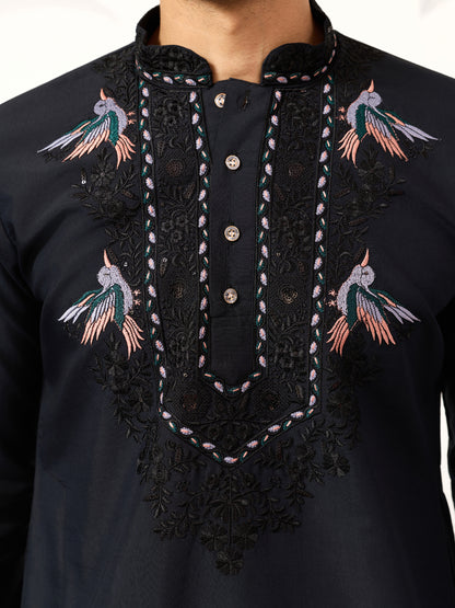 Navy Royale Aviary Embroidered Kurta with Dupatta